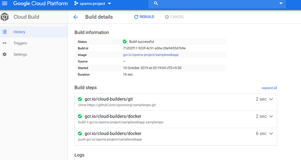 Check if the Google Cloud Build is a success