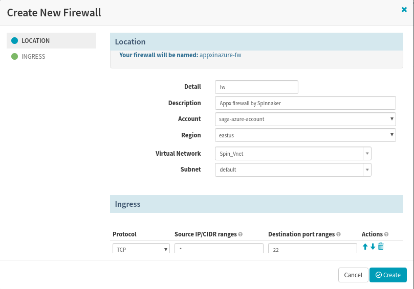 Create Firewall in Spinnaker for the app deployment to Azure