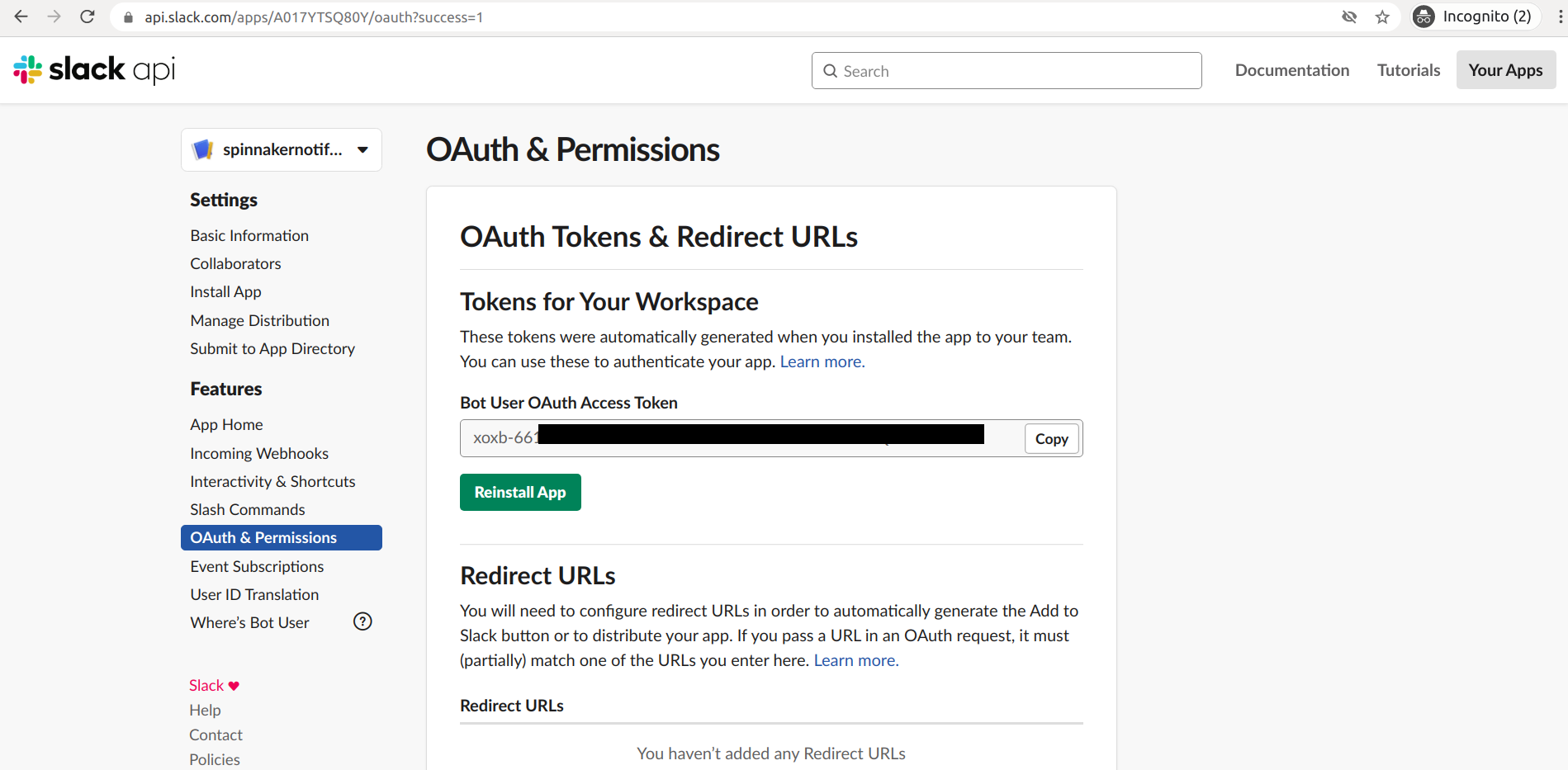 Insert the Bot token for OAuth authentication