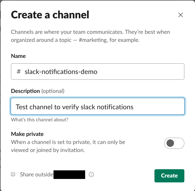 Creating a new channel to receive Slack notifications